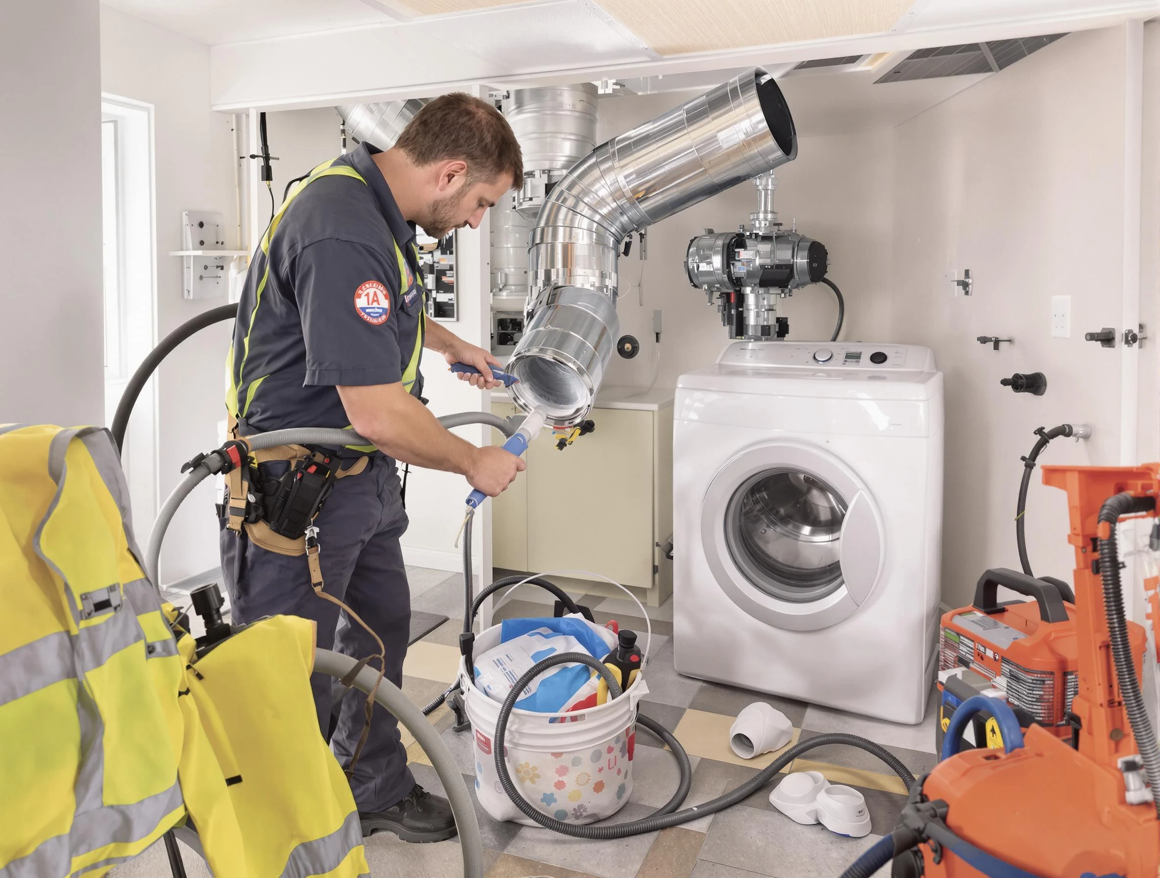 Chelsea Dryer Vent Cleaning technician using specialized equipment to clear severe dryer vent blockage in Chelsea